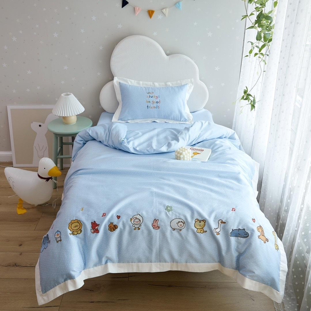 Printed Embroidery Baby Bedding Cartoon Pattern Flat Bed Sheet Pillow Case Duvet Cover