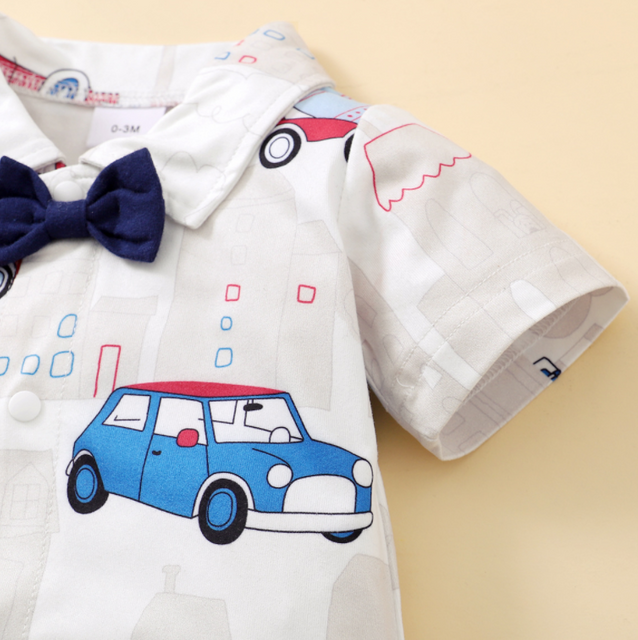 Summer Organic Cotton Gentleman Car Pattern Baby Clothes Short-sleeve Romper Strap Pants Solid Baby Bodysuit