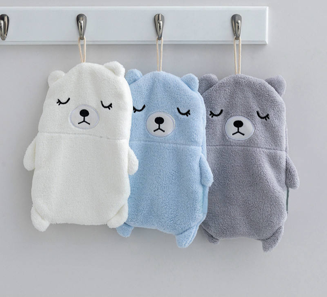 Cartoon Bear Animal Style Hand-Wiping Coral Fleece Absorbent Towel Household Kitchen Towel Cartoon Towel Hanging Light Gray