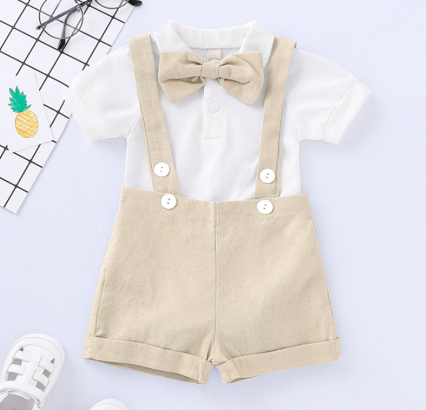 Wholesale Summer Organic Cotton Gentleman Baby Clothes Sleeveless Romper Strap Pants Solid Baby Bodysuit