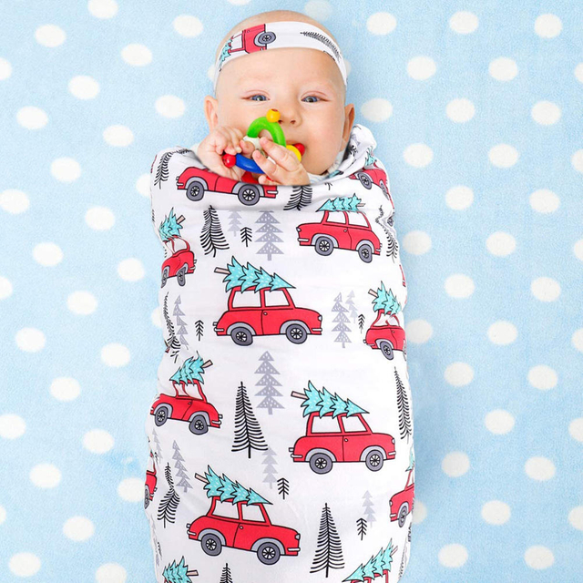 Baby with Headscarf Christmas Santa Claus Christmas Tree Car Printing Newborn Wrap Blanket Wrap Sleeping Bag
