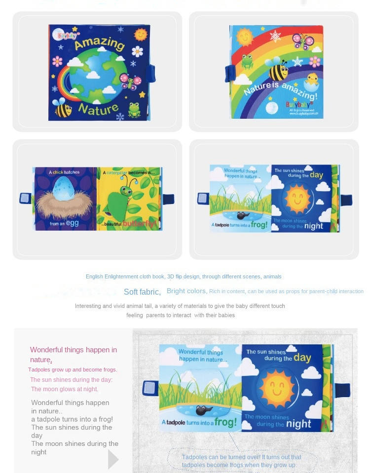 Busybaby Infant Early Education Square Cloth Book 0-3 Years Old Baby Biteable Tear-Proof with Ringing Paper Cloth Book