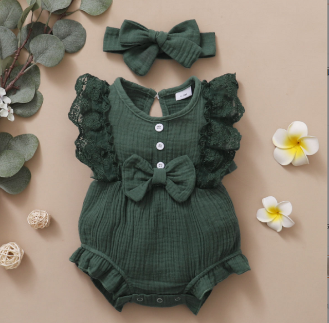 Wholesale Summer Baby Girl Solid Lace Cotton Muslin Short Sleeve Body Suit Baby Clothing with Bow Hair Band Head Wrap