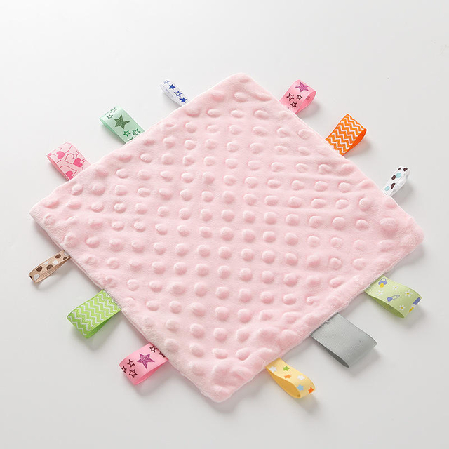 Newborn Square Shape Solid Super Soft Plush Minky Dot with Ribbon Appease Towels Baby Soothing Pacify Towel for Toddler
