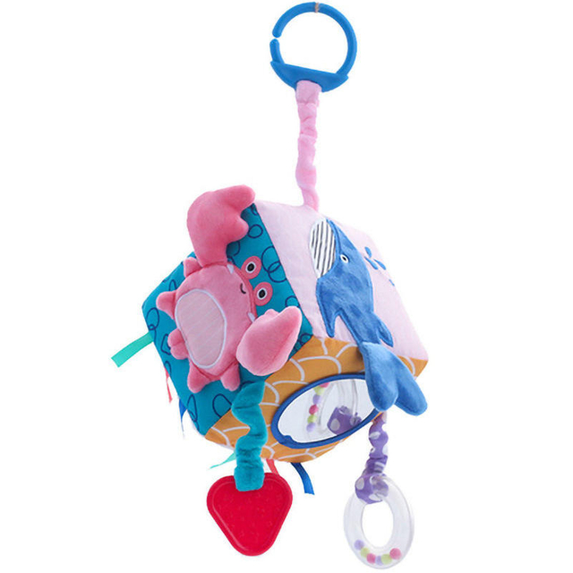 Factory Customized Marine Sensory 6-Side Square Ball Baby Plush Gutta-Percha Rattle Bed Bell Toy