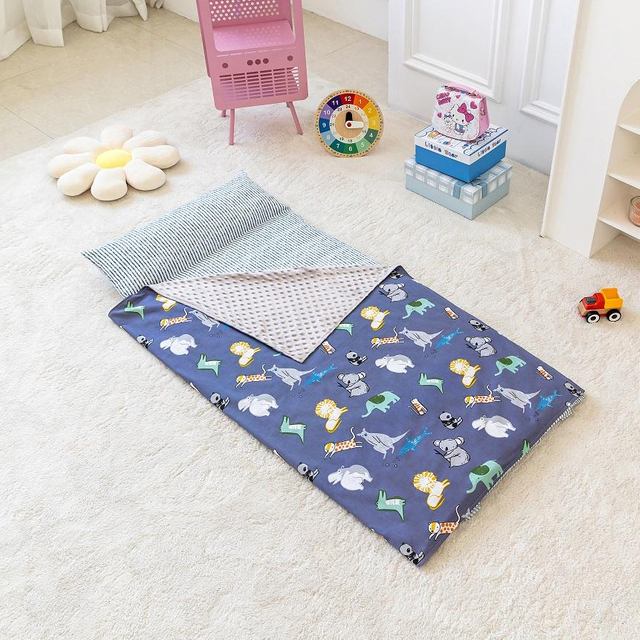 Soft And Skin Friendly Cotton Toddler Sleeping Bag with Removable Pillow Blanket Nap Mat for Preschool