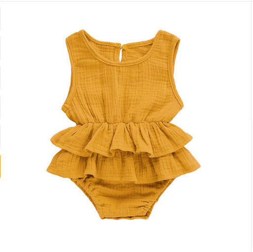 Summer Organic Cotton Muslin Baby Clothes Sleeveless Romper Strap Pants With Pocket Solid Baby Bodysuit