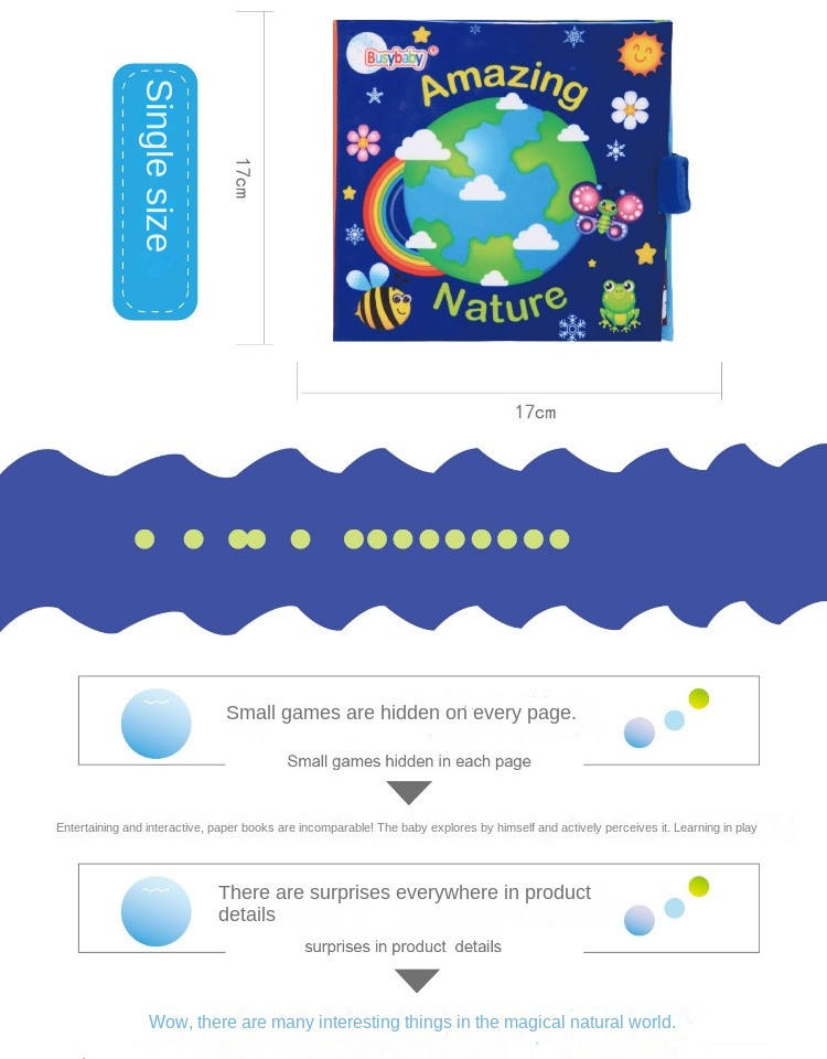 Busybaby Infant Early Education Square Cloth Book 0-3 Years Old Baby Biteable Tear-Proof with Ringing Paper Cloth Book