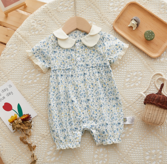 Wholesale Summer Baby Girl Lace Flower Printed Short Sleeve Body Suit Baby Clothing