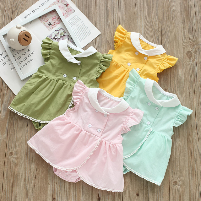 Girls' Cotton Jumpsuit 2022 Spring/Summer Banana Collar Baby Sleeveless Baby Bodysuit Baby's Gown with Hair Band Children's