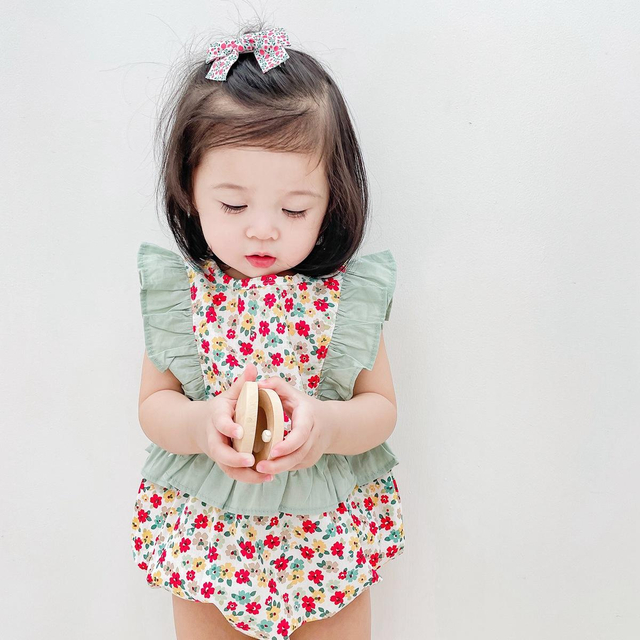 Children's Clothing New Baby Jumpsuit Korean Version Floral Lotus Leaf Sleeve Baby Jumpsuit Jumpsuit Bag Fart Clothes Summer