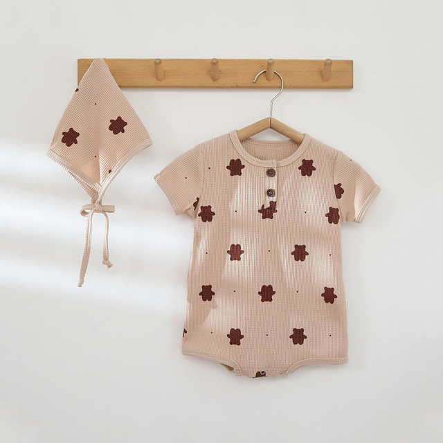 Waffle Baby Romper Summer Cotton Short Sleeve Print Button Unisex Clothes With Headband Baby Bodysuits