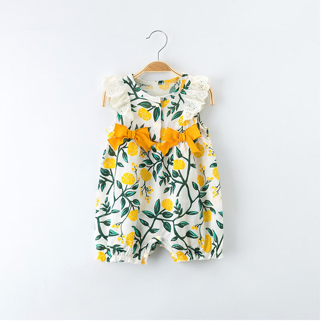 Wholesale Summer Baby Body Suit Baby Clothing Short Sleeve Flower Printed with Bow Hair Band Head Wrap Baby Dress