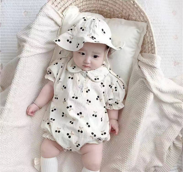 Wholesale Summer Baby Body Set Baby Clothing Short Sleeve Floral Print Bow Hair with Hat Conjoined Baby Dress