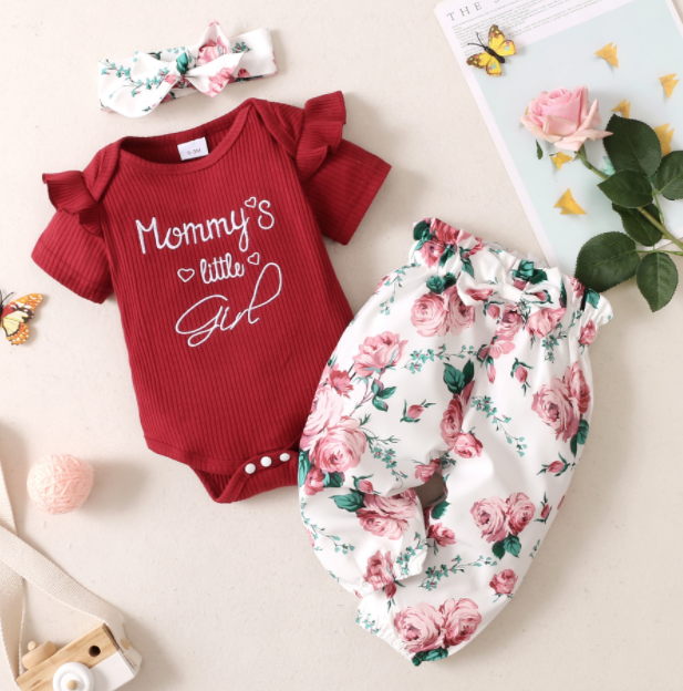 Wholesale Summer Baby Body Suit Baby Clothing Short Sleeve Flower Printed with Bow Hair Band Head Wrap Onesie Baby Trousers