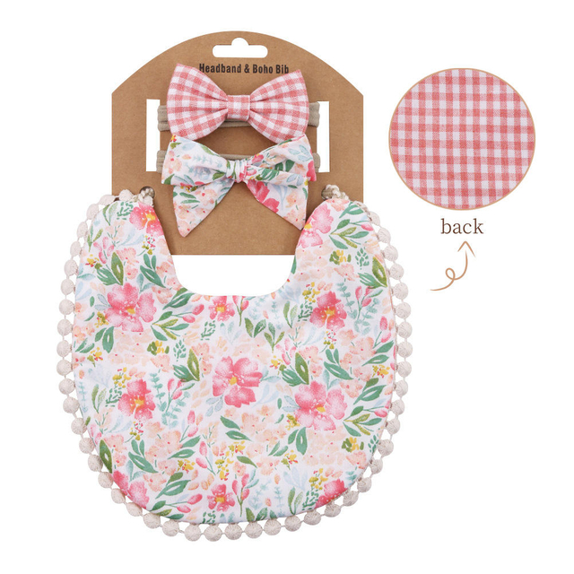 Busybaby Linen-cotton Duplex Printing Baby Milk Spilt Prevent Saliva Towel Floral Bib Child Bib Headband Set