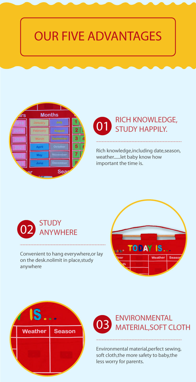 Today is baby early learning educational toy movable hanging sticker finger puppet cloth non woven fabric calendar